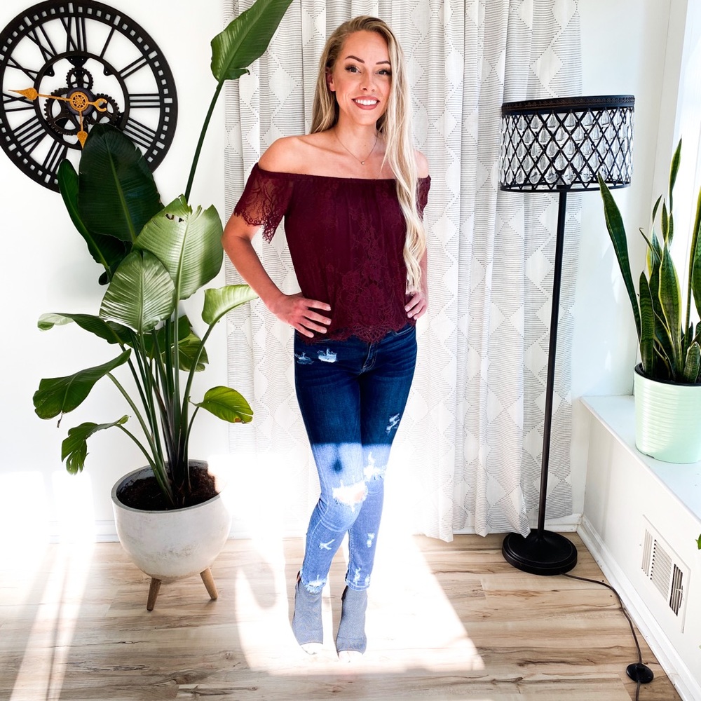 Off Shoulder Lacy Maroon Top